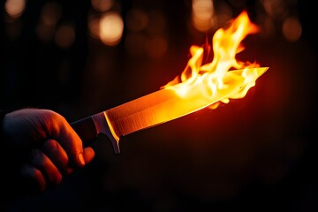 A hand holds a flaming knife, creating a dramatic contrast against a dark background, emphasizing danger and intensity.