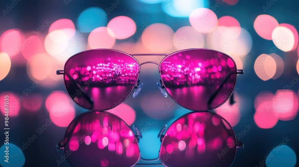 Poster A pair of reflective sunglasses with vibrant pink lenses against a blurred colorful background.