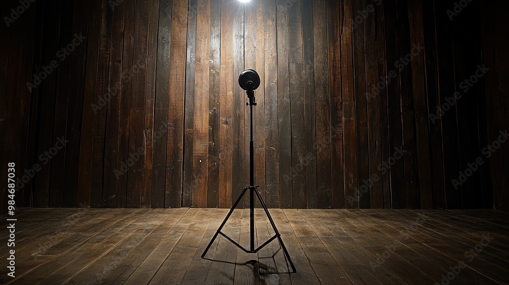 Poster A spotlight on a tripod in a dimly lit wooden room, emphasizing isolation and focus.