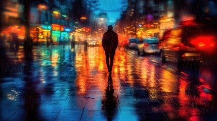 Obraz premium A solitary figure walks through a vibrant, rain-soaked city street at night.