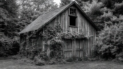 Obraz premium A weathered barn overgrown with vines in a forested area, evoking a sense of decay and nature.