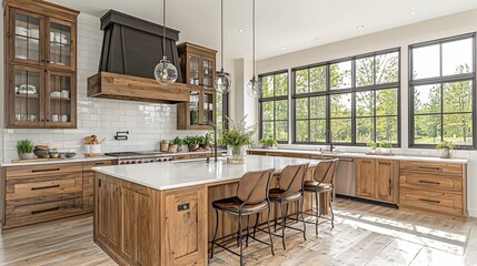 Fototapeta premium Modern Farmhouse Kitchen Island with Rustic Wood Cabinets and Bar Stools