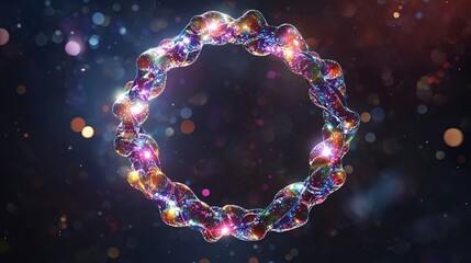 Artistic rendering of a bacterial plasmid, showing circular DNA structure. Dark background enhances vibrant colors.