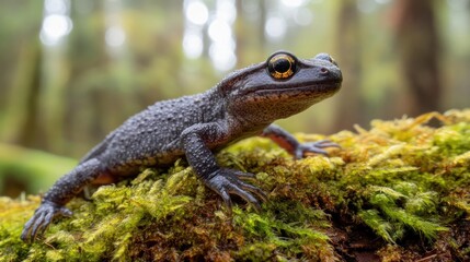 Obraz premium A close-up of a textured amphibian on moss in a lush forest setting.