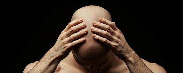 Man removing black wig, revealing bald head, humorous yet thoughtful depiction of hair loss and self-acceptance