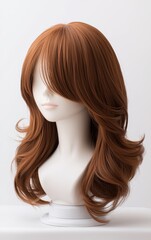 Fototapeta premium Mannequin head modeling a brown layered wig, side and rear perspectives, focus on realistic hair styling and texture