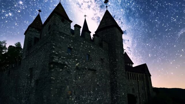 Burg Gutenberg castle with stunning night sky with many glowing stars and Milkyway