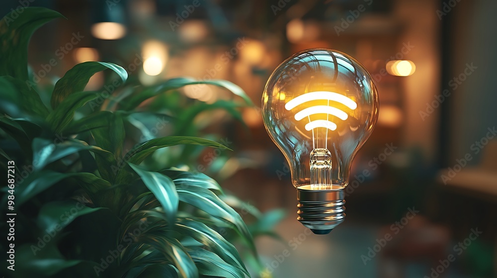 Poster a glowing lightbulb with a wifi symbol inside, symbolizing an idea for a new connection.
