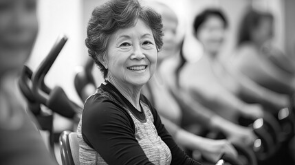 Senior Asian Woman Smiling During Group Exercise Class in Black and White