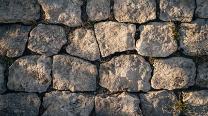 Fototapeta premium A textured stone wall made of irregularly shaped blocks.