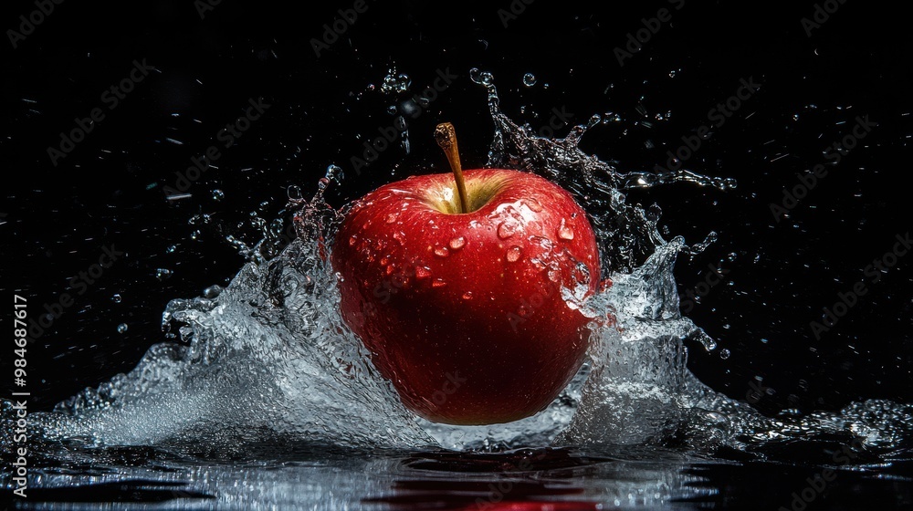 Poster a red apple splashes into water, creating droplets and a dynamic visual effect.