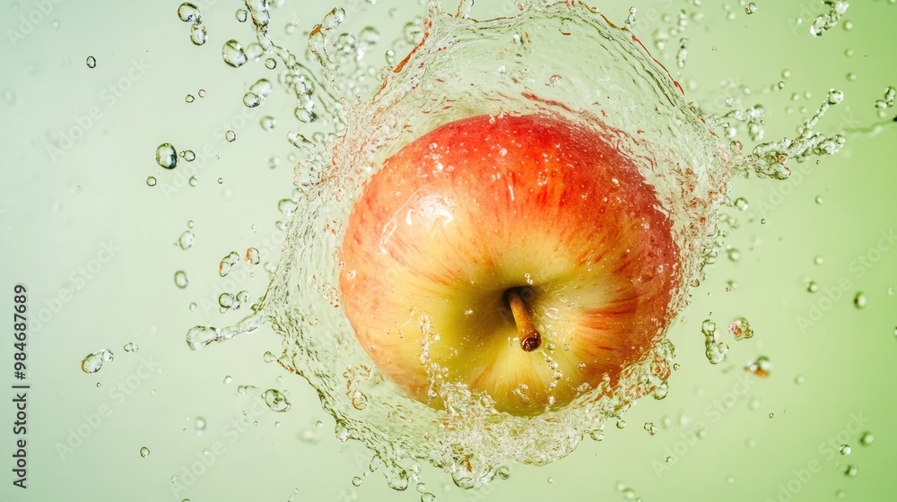 Poster a red apple splashes into water, creating dynamic droplets against a soft green background.