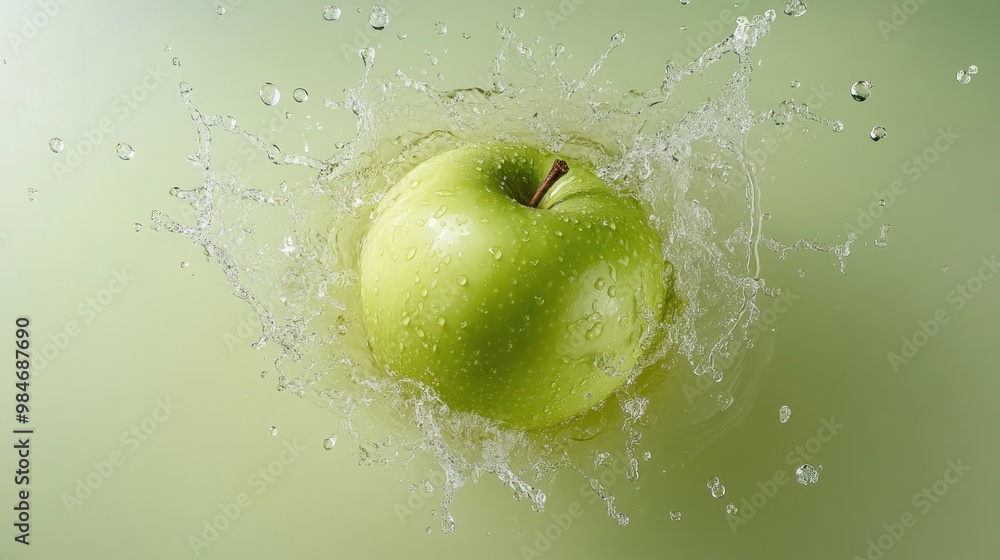 Poster a green apple splashes into water, creating a dynamic and refreshing visual effect.