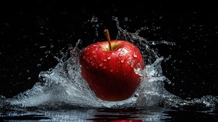 A red apple splashes into water, creating droplets and a dynamic visual effect.