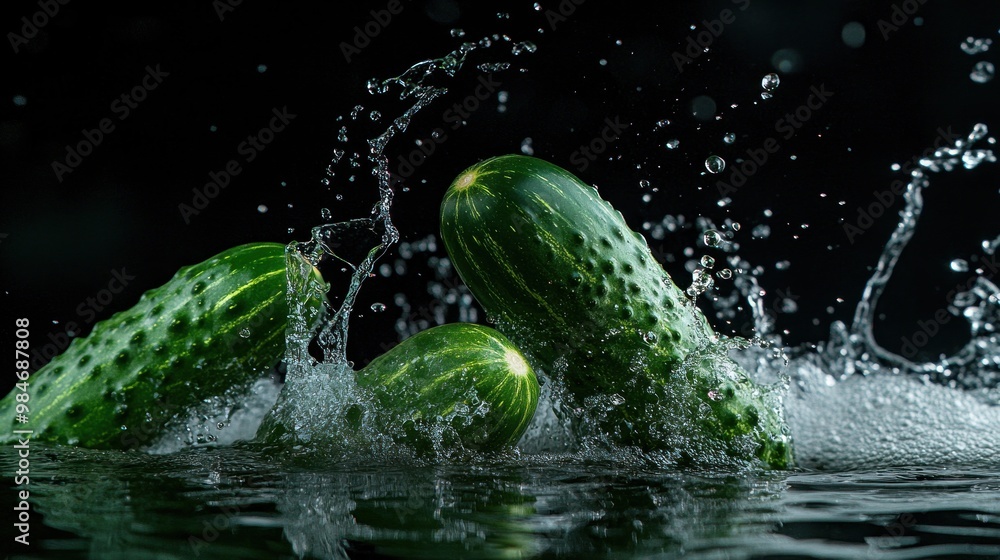 Poster three cucumbers splashing into water, creating dynamic ripples and droplets.