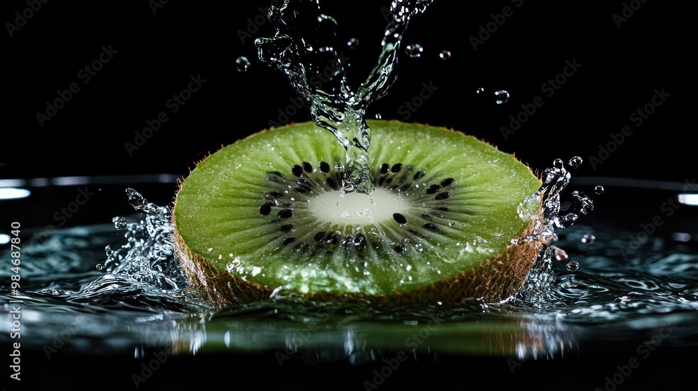 Poster a kiwi slice splashes into water, creating dynamic ripples and droplets.