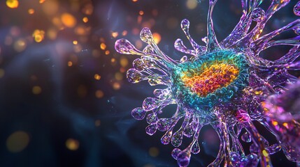 Obraz premium Detailed illustration of a virus budding from a host cell, showing envelope formation. Bright colors on a dark background.