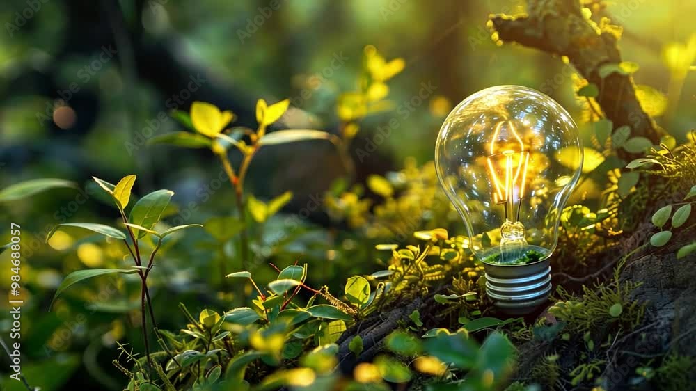 Aufkleber a light bulb illuminates its surroundings, surrounded by vibrant green plants and foliage in a seren