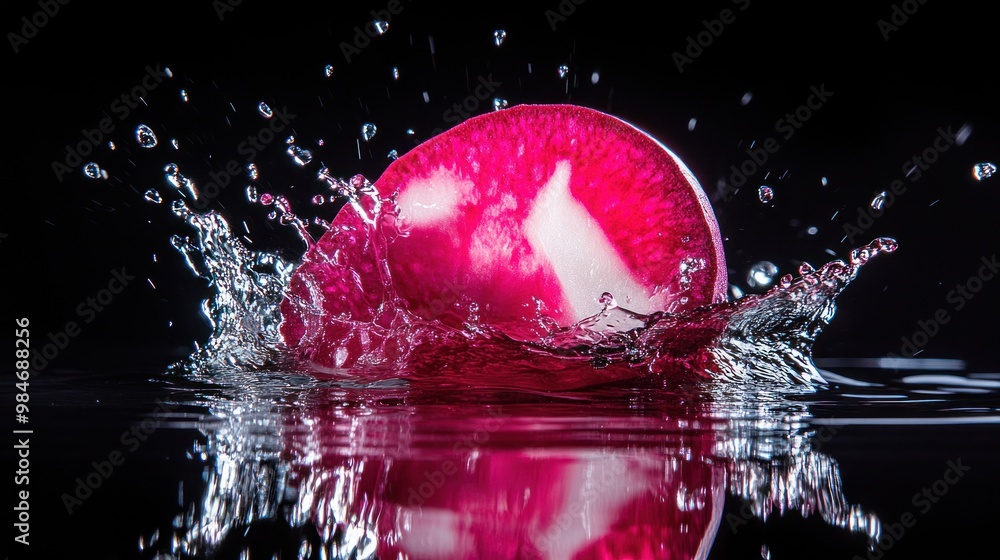 Poster a vibrant pink object splashes into water, creating dynamic ripples and droplets.