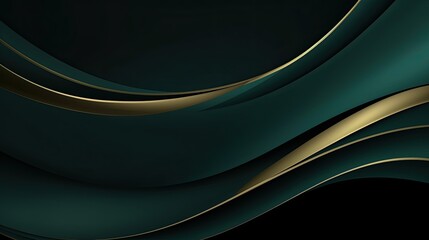 Modern abstract dark green curve shape on dark background with gold stripes.