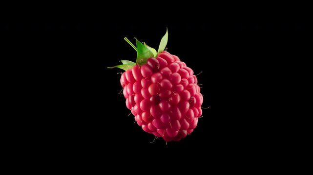 3D animation of a raspberry rotating around its axis. Raspberry slowly rotates 360 degrees. File contains Alpha Channel.