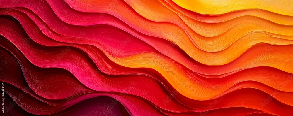 Poster retro-inspired abstract waves in vibrant reds and yellows, textured design with rhythmic patterns, e