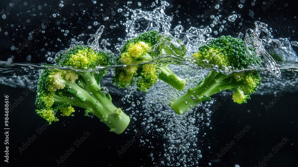 Sticker Fresh broccoli splashing into water, highlighting its vibrant color and texture.