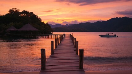 Obraz premium A serene sunset view over a tranquil pier extending into calm waters.