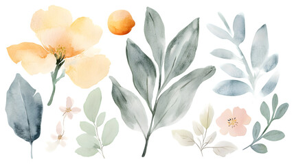 Harmonious set of watercolor impressionist floral.