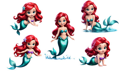 Illustration set of Cute little Mermaid Cartoon. 3D illustration. White background