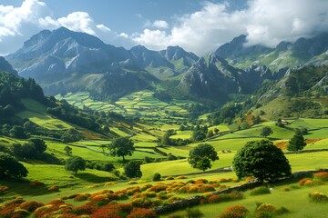Breathtaking Mountain Landscape with Lush Green Valleys and Colorful Wildflowers