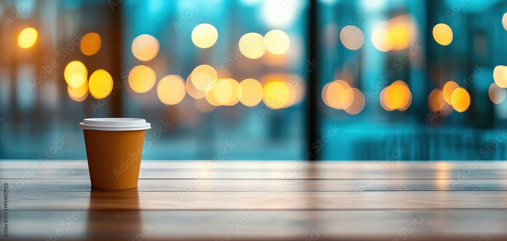 Poster a warm coffee cup resting on a wooden table, surrounded by soft bokeh lights, creating a cozy and in