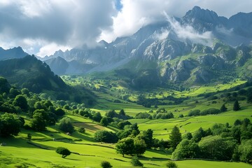 Fototapeta premium Breathtaking Mountain Landscape with Lush Green Valleys and Dramatic Clouds