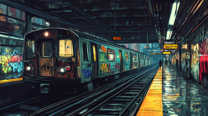 A subway station with graffiti on the walls and a train on the tracks in the foreground, and another train on the other side of the platform in the background. Subway Station. Illustration