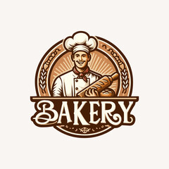 bakery logo design. Chef with wheat and bread concept in vintage style.