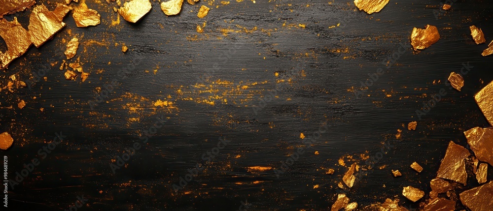 Poster abstract black background with golden textures and uneven edges.