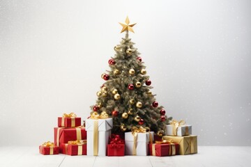 A festive scene with an assortment of gift boxes under a twinkling Christmas tree