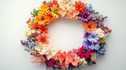 A picture of a bunch of flowers arranged in the shape of a letter o on a purple background, 
Circle of rainbow flowers on white background, copy Spece design.
