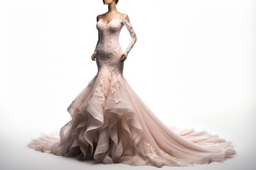 Fototapeta premium A glamorous wedding dress with a sheer lace overlay, showcasing a figure-hugging silhouette and a blend of white and blush pink hues.
