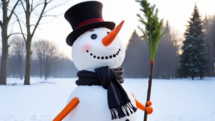 Obraz premium A cheerful snowman stands in a snowy landscape, adorned with a top hat, scarf, and a sprig of greenery.