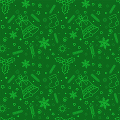 Christmas seamless pattern in green with contour images of elements