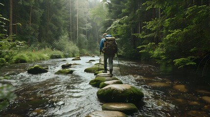Fototapeta premium Hiker Crossing a Shallow River on Stepping Stones in Lush Forest Landscape