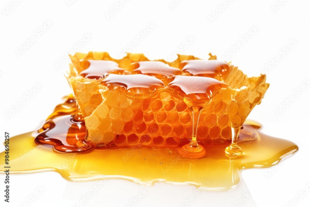 Poster a honeycomb fragment nestled amidst a pool of honey, its hexagonal structure contrasting with the sm