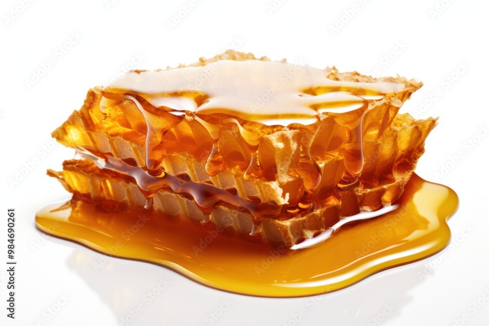 Poster a honeycomb fragment nestled amidst a pool of honey, its hexagonal structure contrasting with the sm