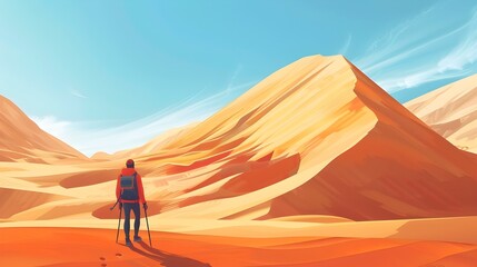Obraz premium Desert Trekker Journeying Through Expansive Sand Dunes Landscape Under Clear Blue Sky