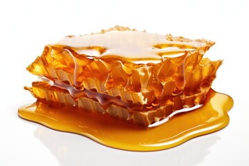 A honeycomb fragment nestled amidst a pool of honey, its hexagonal structure contrasting with the smooth liquid