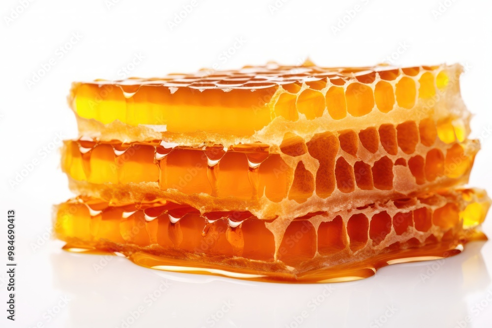 Poster a honeycomb slice with a thin layer of honey slowly spreading across its hexagonal cells
