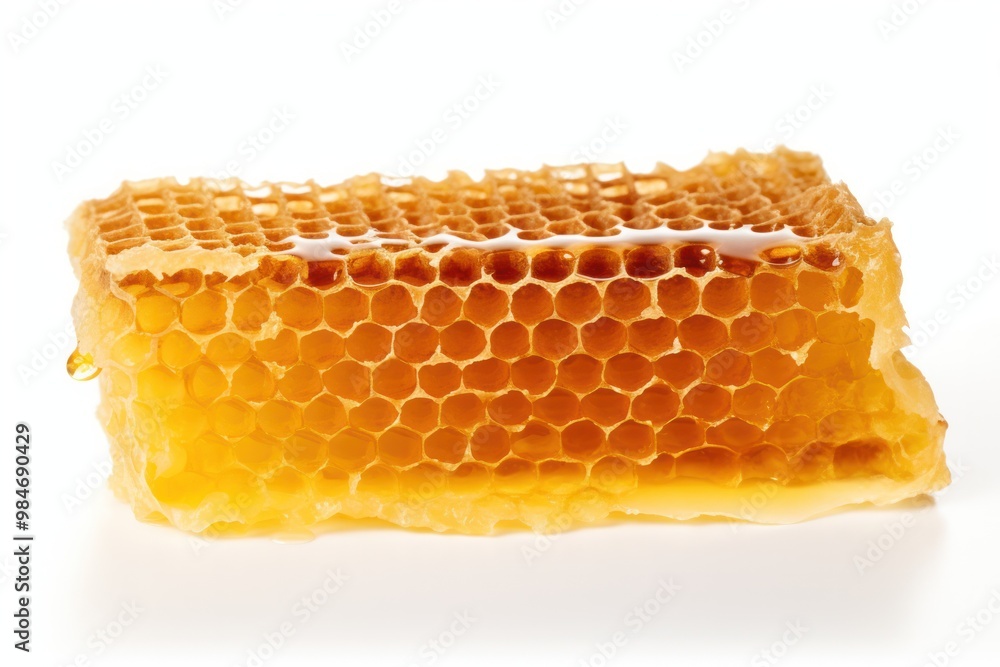 Poster a honeycomb slice with a thin layer of honey slowly spreading across its hexagonal cells