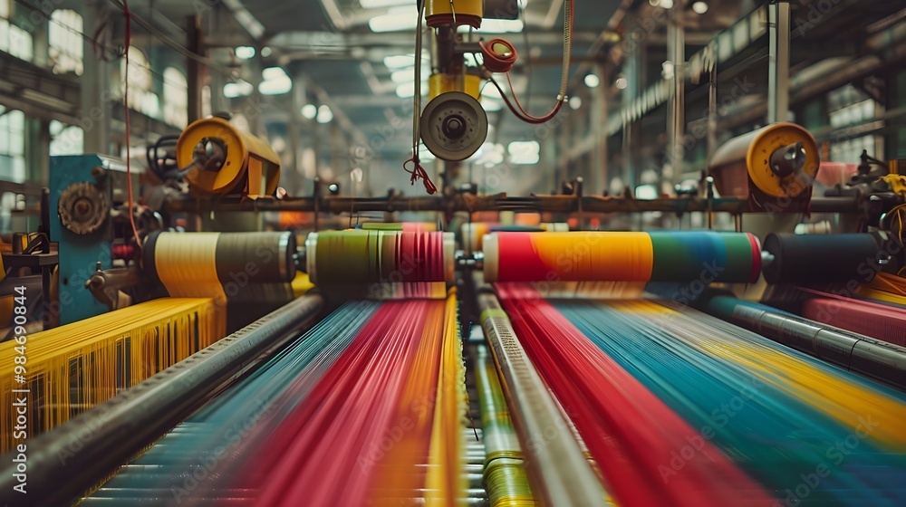 Poster automated textile production in a vibrant factory with colorful fabrics and efficient machinery