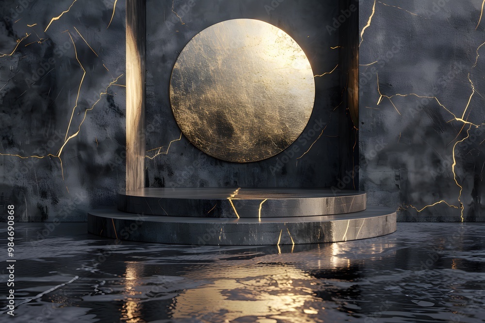 Poster elegant minimalist stage with golden circular accent and reflective surface